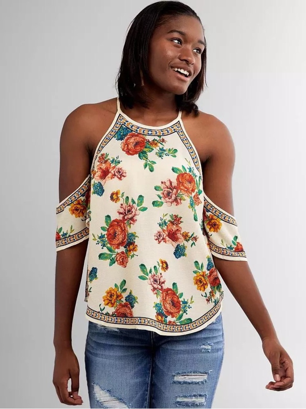 Flying Monkey Cream Floral Cold-Shoulder Camisole with Red and Pink Roses
